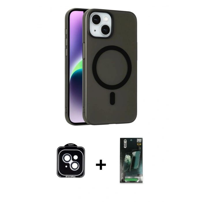 MARSİLYAN™- iPhone 14 Kılıf Çekirdek Modern Prime - Şeffaf 360 Full Body Arka Koruyucu + PVD Metal Kamera Lens - MI