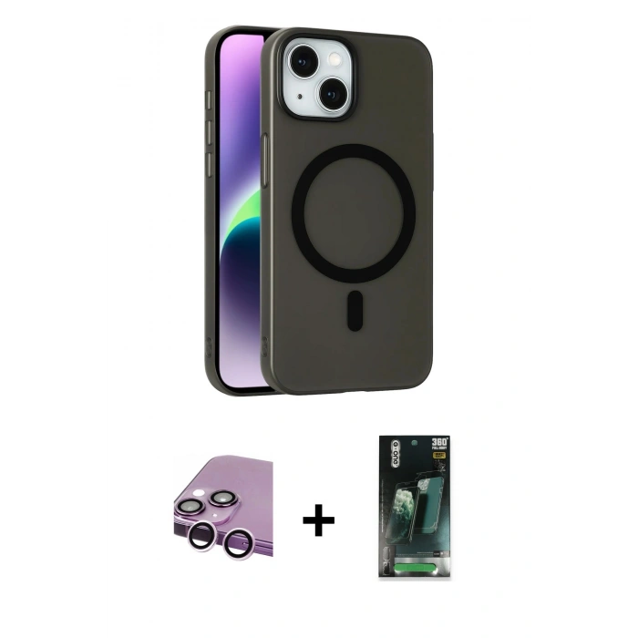 MARSİLYAN™- iPhone 14 Kılıf Çekirdek Modern Prime - Şeffaf 360 Full Body Arka Koruyucu + Raze Metal Kamera Lens - MR
