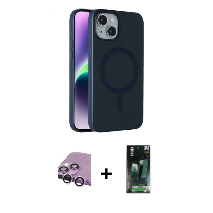 MARSİLYAN™- iPhone 14 Kılıf Çekirdek Modern Prime - Şeffaf 360 Full Body Arka Koruyucu + Raze Metal Kamera Lens - MR
