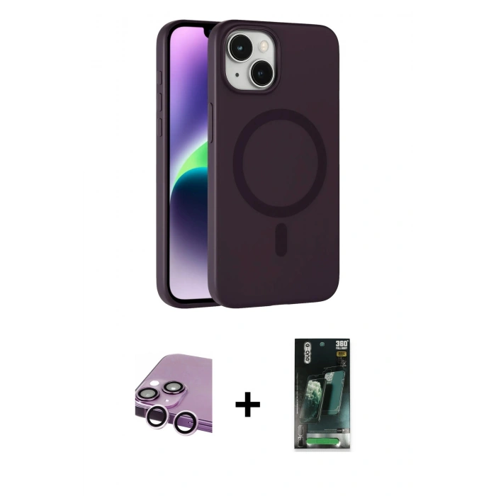 MARSİLYAN™- iPhone 14 Kılıf Çekirdek Modern Prime - Şeffaf 360 Full Body Arka Koruyucu + Raze Metal Kamera Lens - MR