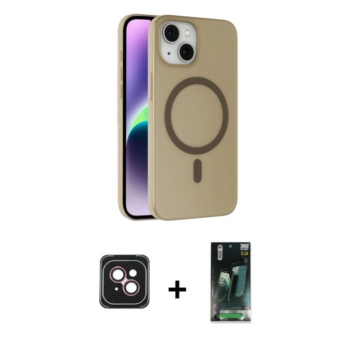 MARSİLYAN™- iPhone 14 Kılıf Çekirdek Modern Prime - Şeffaf 360 Full Body Arka Koruyucu + PVD Metal Kamera Lens - PE