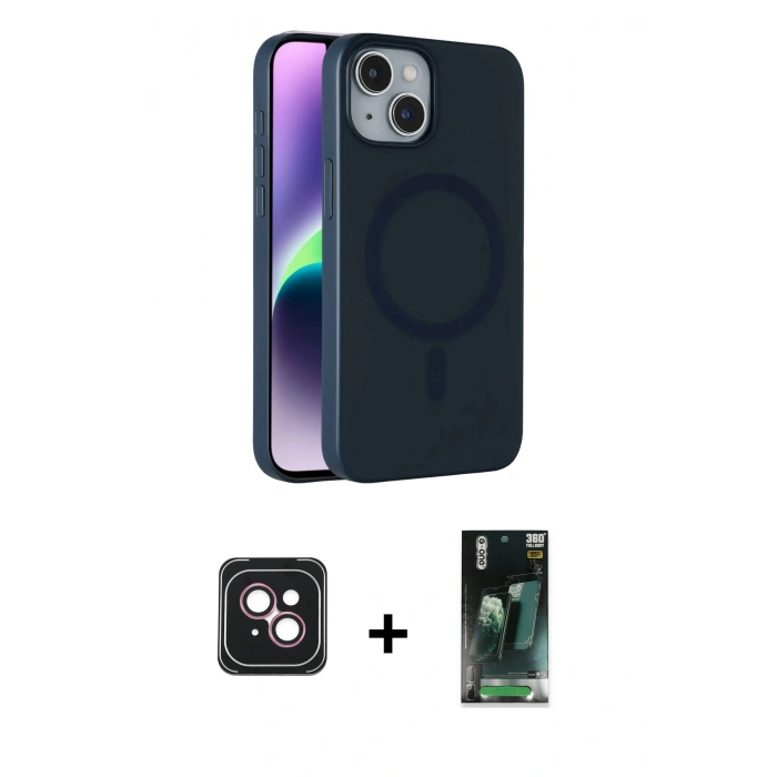 MARSİLYAN™- iPhone 14 Kılıf Çekirdek Modern Prime - Şeffaf 360 Full Body Arka Koruyucu + PVD Metal Kamera Lens - PE