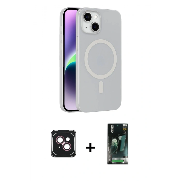 MARSİLYAN™- iPhone 14 Kılıf Çekirdek Modern Prime - Şeffaf 360 Full Body Arka Koruyucu + PVD Metal Kamera Lens - PE