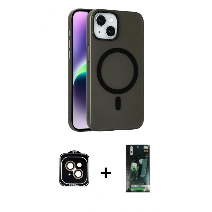 MARSİLYAN™- iPhone 14 Kılıf Çekirdek Modern Prime - Şeffaf 360 Full Body Arka Koruyucu + PVD Metal Kamera Lens - TU