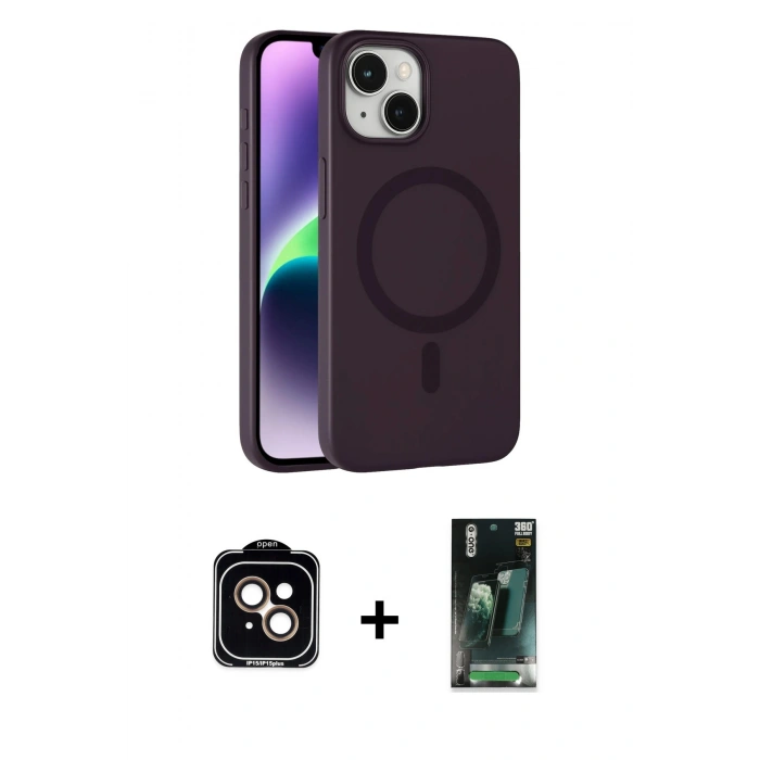 MARSİLYAN™- iPhone 14 Kılıf Çekirdek Modern Prime - Şeffaf 360 Full Body Arka Koruyucu + PVD Metal Kamera Lens - TU