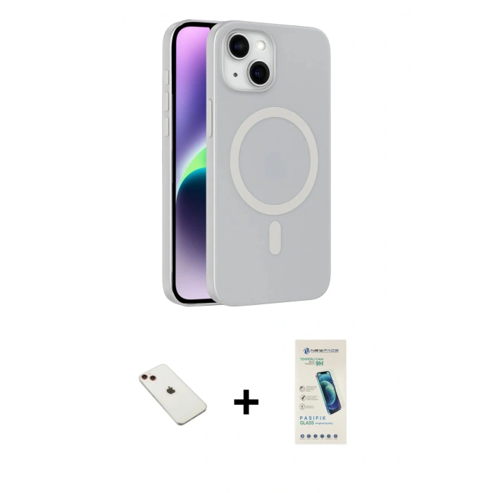 MARSİLYAN™- iPhone 14 Kılıf Çekirdek Modern Prime - Şeffaf Pasifik Cam Ekran Koruyucu + Diamond Kamera Lens - KI