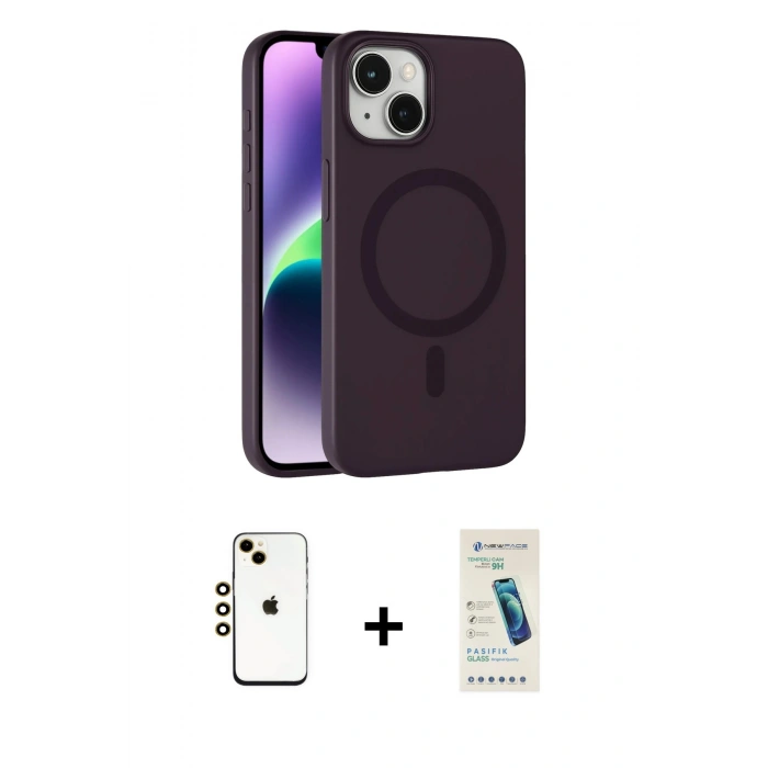MARSİLYAN™- iPhone 14 Kılıf Çekirdek Modern Prime - Şeffaf Pasifik Cam Ekran Koruyucu + Shine Kamera Lens - GD