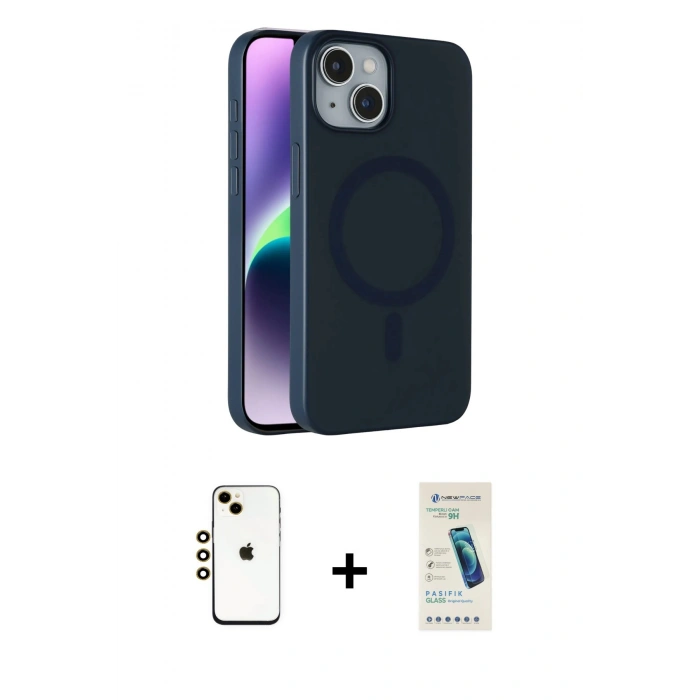 MARSİLYAN™- iPhone 14 Kılıf Çekirdek Modern Prime - Şeffaf Pasifik Cam Ekran Koruyucu + Shine Kamera Lens - GD