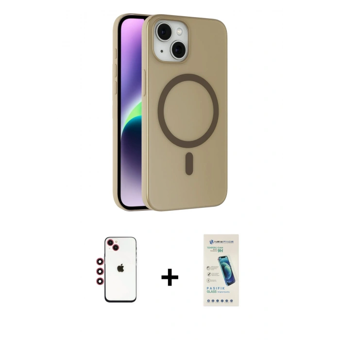 MARSİLYAN™- iPhone 14 Kılıf Çekirdek Modern Prime - Şeffaf Pasifik Cam Ekran Koruyucu + Shine Kamera Lens - KI