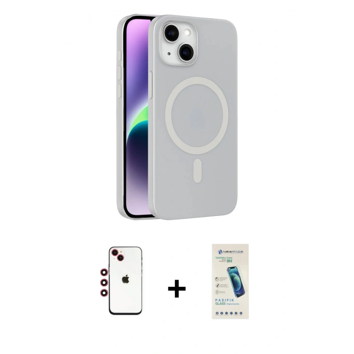 MARSİLYAN™- iPhone 14 Kılıf Çekirdek Modern Prime - Şeffaf Pasifik Cam Ekran Koruyucu + Shine Kamera Lens - KI