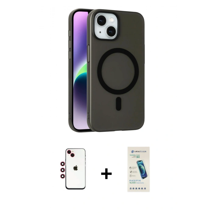 MARSİLYAN™- iPhone 14 Kılıf Çekirdek Modern Prime - Şeffaf Pasifik Cam Ekran Koruyucu + Shine Kamera Lens - KI