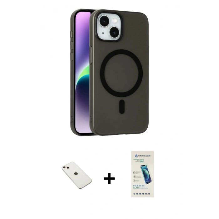 MARSİLYAN™- iPhone 14 Kılıf Çekirdek Modern Prime - Şeffaf Pasifik Cam Ekran Koruyucu + Pembe Diamond Kamera Lens