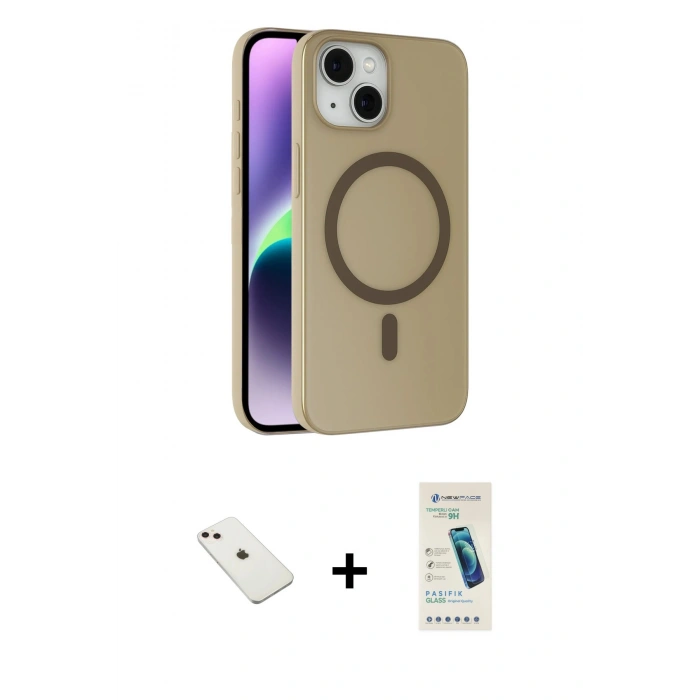 MARSİLYAN™- iPhone 14 Kılıf Çekirdek Modern Prime - Şeffaf Pasifik Cam Ekran Koruyucu + Pembe Diamond Kamera Lens