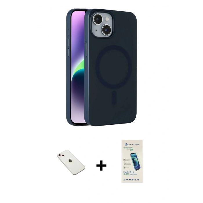 MARSİLYAN™- iPhone 14 Kılıf Çekirdek Modern Prime - Şeffaf Pasifik Cam Ekran Koruyucu + Pembe Diamond Kamera Lens