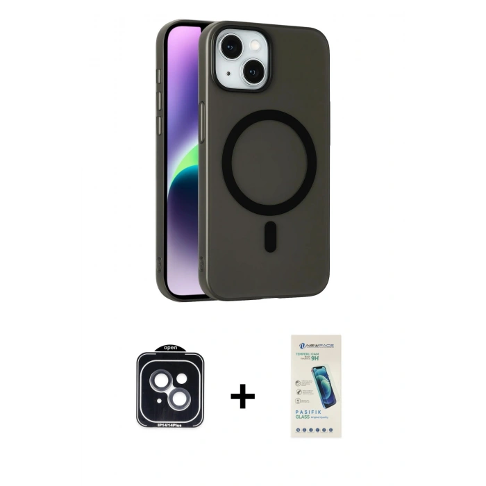MARSİLYAN™- iPhone 14 Kılıf Çekirdek Modern Prime - Şeffaf Pasifik Cam Ekran Koruyucu + PVD Metal Kamera Lens - SH