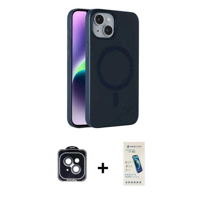 MARSİLYAN™- iPhone 14 Kılıf Çekirdek Modern Prime - Şeffaf Pasifik Cam Ekran Koruyucu + PVD Metal Kamera Lens - SH