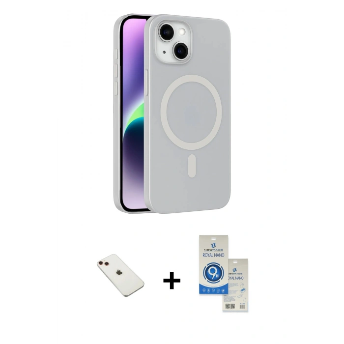 MARSİLYAN™- iPhone 14 Kılıf Çekirdek Modern Prime - Şeffaf Royal Nano Ekran Koruyucu + Diamond Kamera Lens - KI