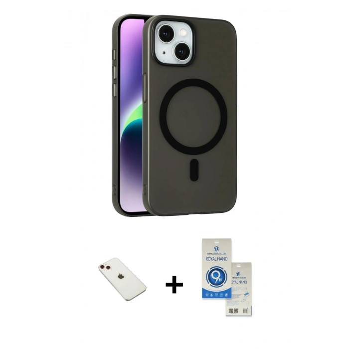 MARSİLYAN™- iPhone 14 Kılıf Çekirdek Modern Prime - Şeffaf Royal Nano Ekran Koruyucu + Diamond Kamera Lens - KI