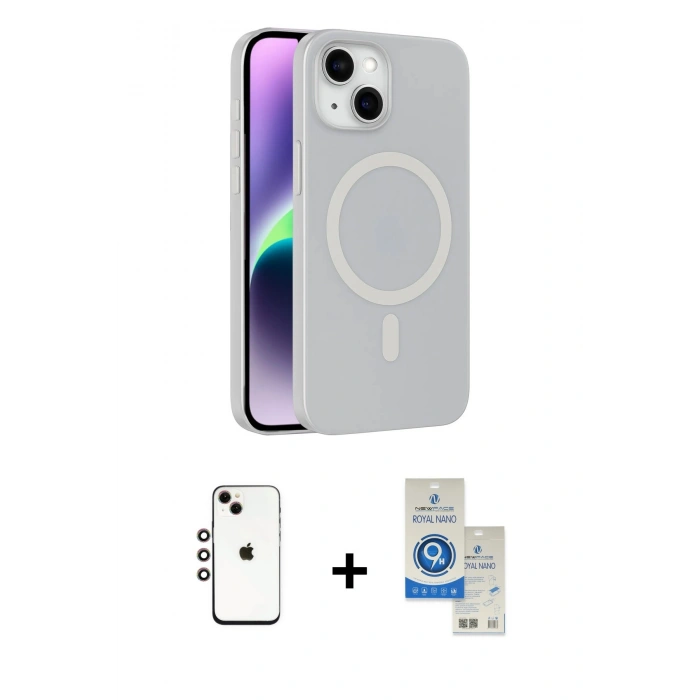 MARSİLYAN™- iPhone 14 Kılıf Çekirdek Modern Prime - Şeffaf Royal Nano Ekran Koruyucu + Shine Kamera Lens - GI