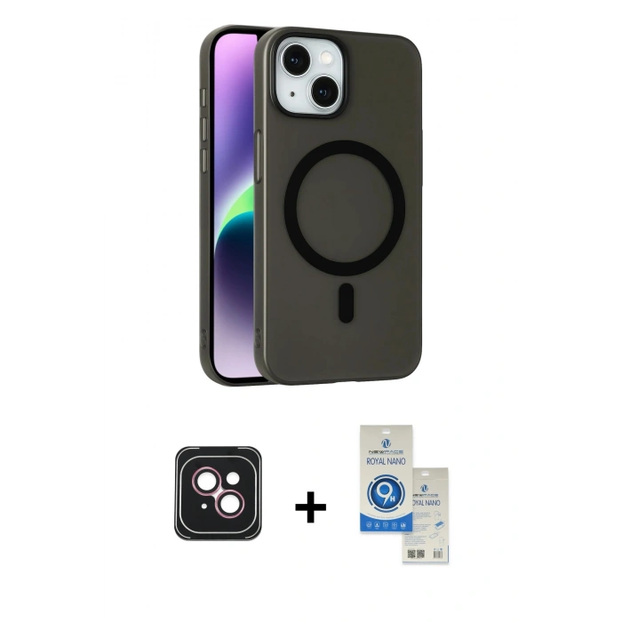 MARSİLYAN™- iPhone 14 Kılıf Çekirdek Modern Prime - Şeffaf Royal Nano Ekran Koruyucu + PVD Metal Kamera Lens - PE