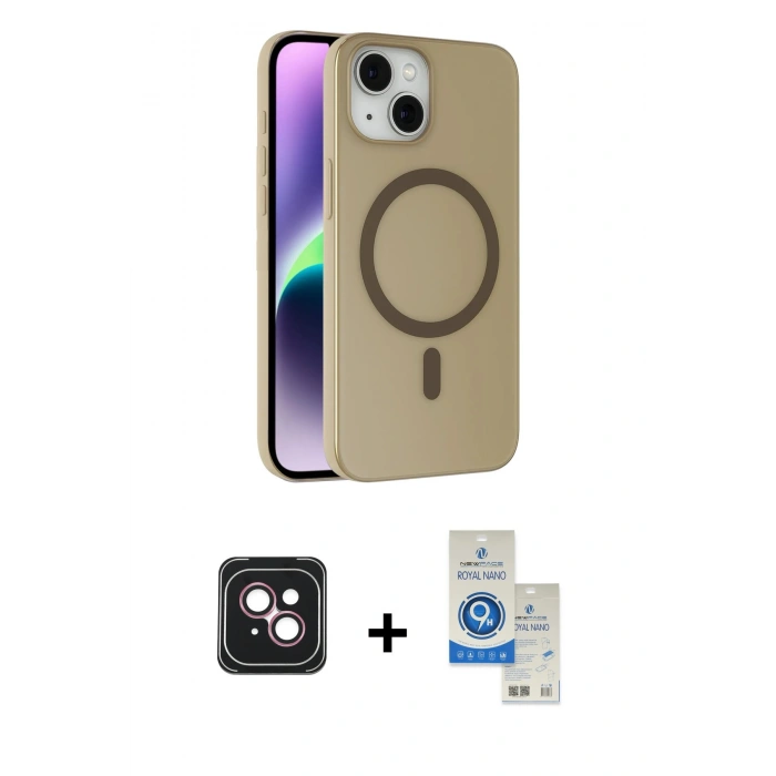 MARSİLYAN™- iPhone 14 Kılıf Çekirdek Modern Prime - Şeffaf Royal Nano Ekran Koruyucu + PVD Metal Kamera Lens - PE