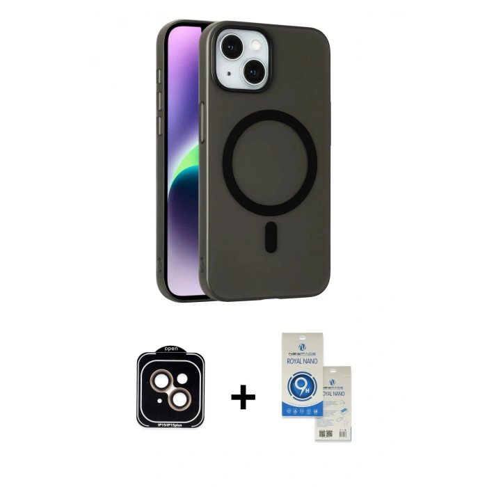 MARSİLYAN™- iPhone 14 Kılıf Çekirdek Modern Prime - Şeffaf Royal Nano Ekran Koruyucu + PVD Metal Kamera Lens - TU