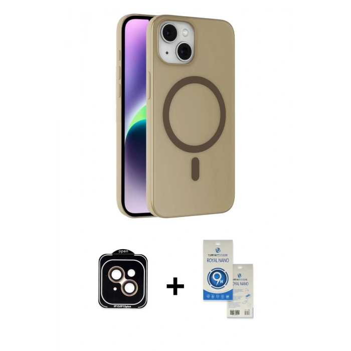 MARSİLYAN™- iPhone 14 Kılıf Çekirdek Modern Prime - Şeffaf Royal Nano Ekran Koruyucu + PVD Metal Kamera Lens - TU