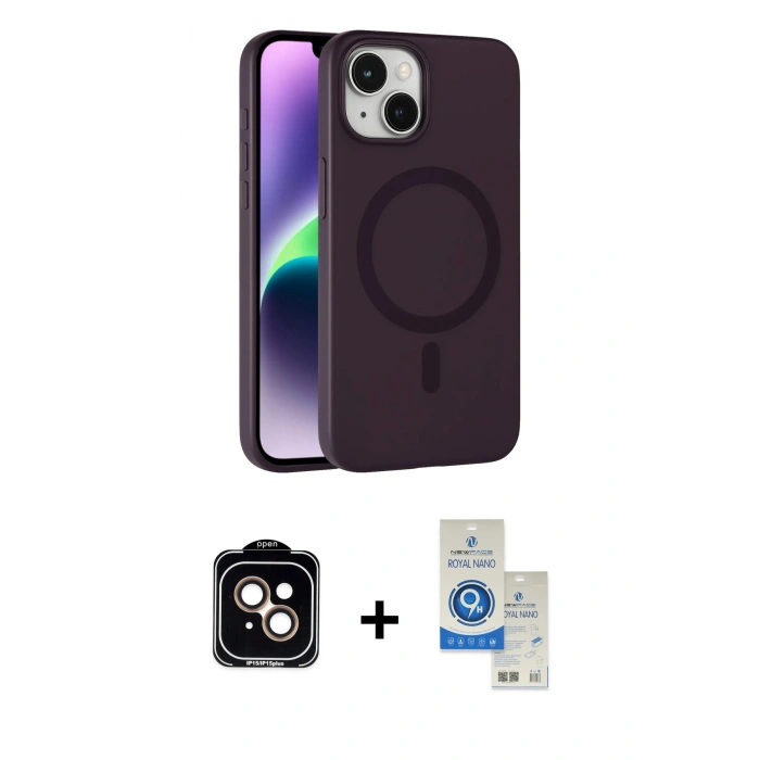 MARSİLYAN™- iPhone 14 Kılıf Çekirdek Modern Prime - Şeffaf Royal Nano Ekran Koruyucu + PVD Metal Kamera Lens - TU