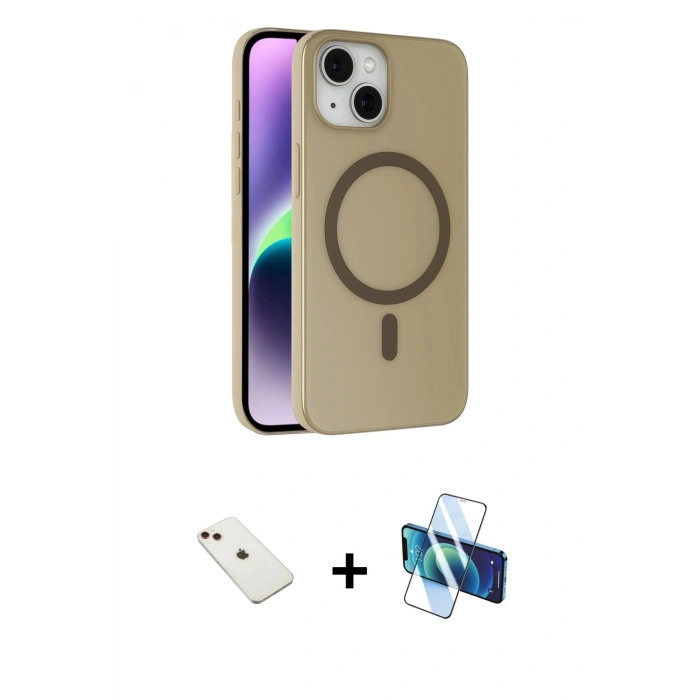MARSİLYAN™- iPhone 14 Kılıf Çekirdek Modern Prime - Siyah 3D Antistatik Cam Ekran Koruyucu + Diamond Kamera Lens - KI