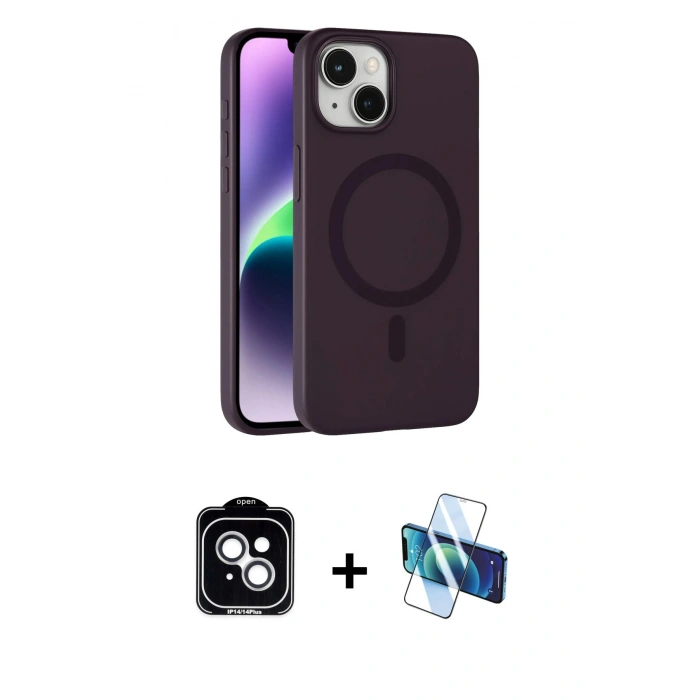 MARSİLYAN™- iPhone 14 Kılıf Çekirdek Modern Prime - Siyah 3D Antistatik Cam Ekran Koruyucu + PVD Metal Kamera Lens - GS