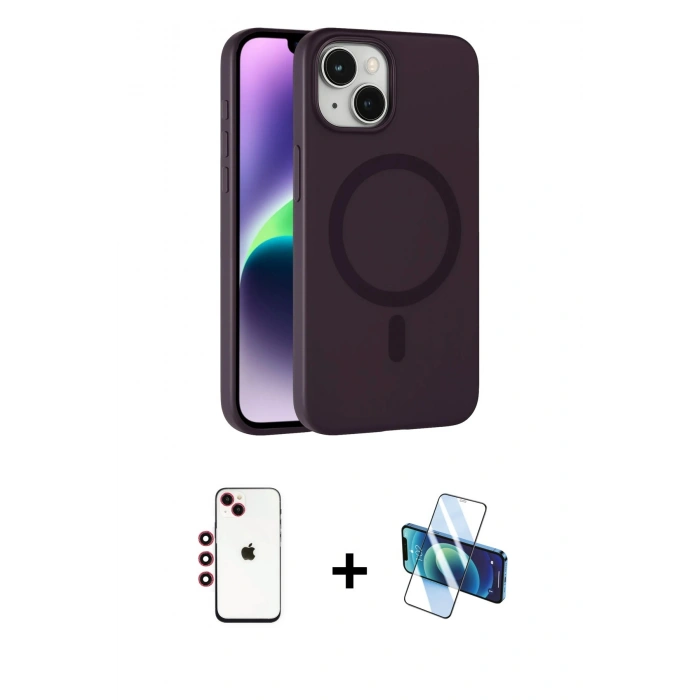 MARSİLYAN™- iPhone 14 Kılıf Çekirdek Modern Prime - Siyah 3D Antistatik Cam Ekran Koruyucu + Shine Kamera Lens - KI