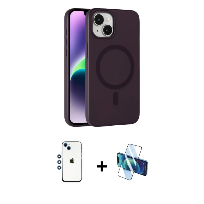 MARSİLYAN™- iPhone 14 Kılıf Çekirdek Modern Prime - Siyah 3D Antistatik Cam Ekran Koruyucu + Shine Kamera Lens - MI