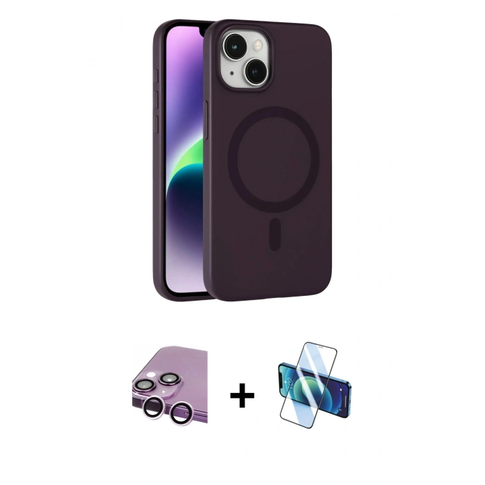 MARSİLYAN™- iPhone 14 Kılıf Çekirdek Modern Prime - Siyah 3D Antistatik Cam Ekran Koruyucu + Raze Metal Kamera Lens - MR