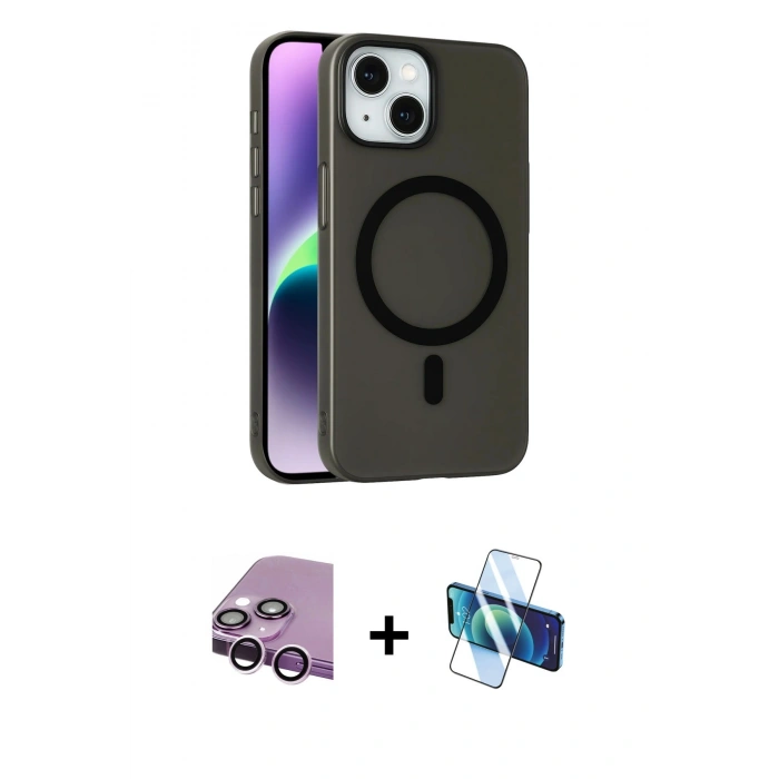 MARSİLYAN™- iPhone 14 Kılıf Çekirdek Modern Prime - Siyah 3D Antistatik Cam Ekran Koruyucu + Raze Metal Kamera Lens - MR
