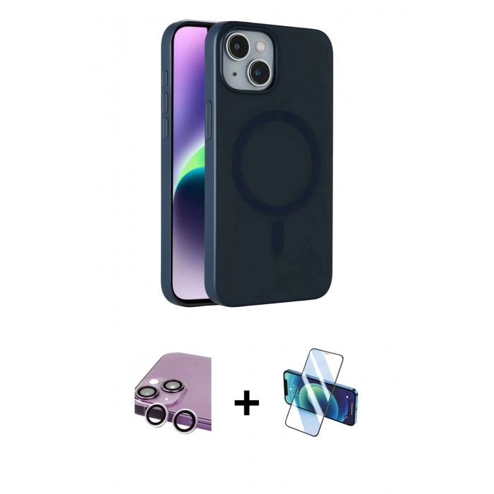 MARSİLYAN™- iPhone 14 Kılıf Çekirdek Modern Prime - Siyah 3D Antistatik Cam Ekran Koruyucu + Raze Metal Kamera Lens - MR