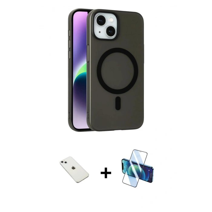 MARSİLYAN™- iPhone 14 Kılıf Çekirdek Modern Prime - Siyah 3D Antistatik Cam Ekran Koruyucu + Diamond Kamera Lens - SABE