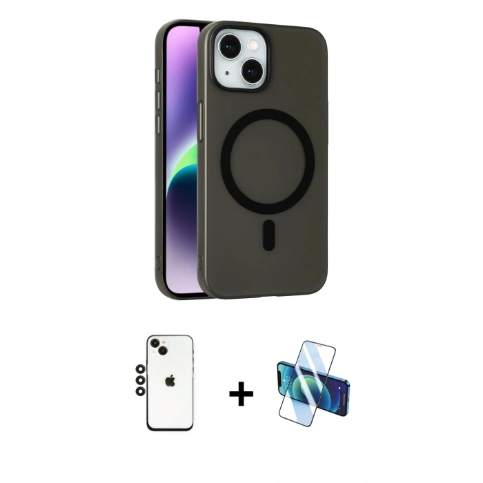MARSİLYAN™- iPhone 14 Kılıf Çekirdek Modern Prime - Siyah 3D Antistatik Cam Ekran Koruyucu + Shine Kamera Lens - SH