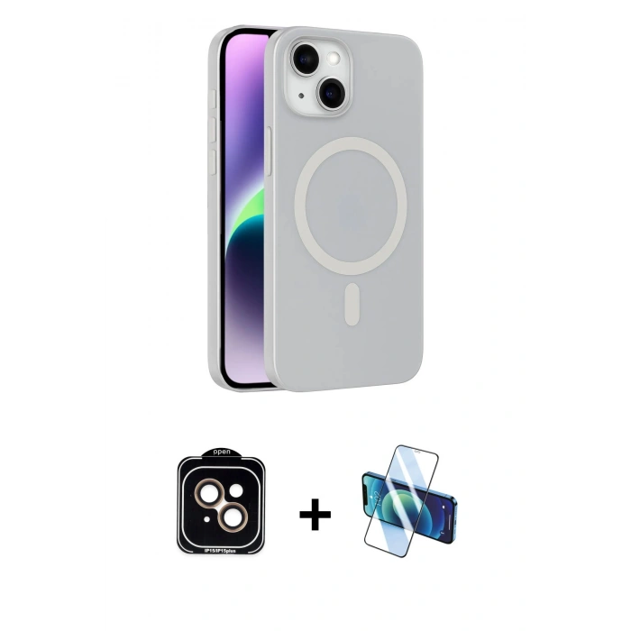 MARSİLYAN™- iPhone 14 Kılıf Çekirdek Modern Prime - Siyah 3D Antistatik Cam Ekran Koruyucu + PVD Metal Kamera Lens - TU