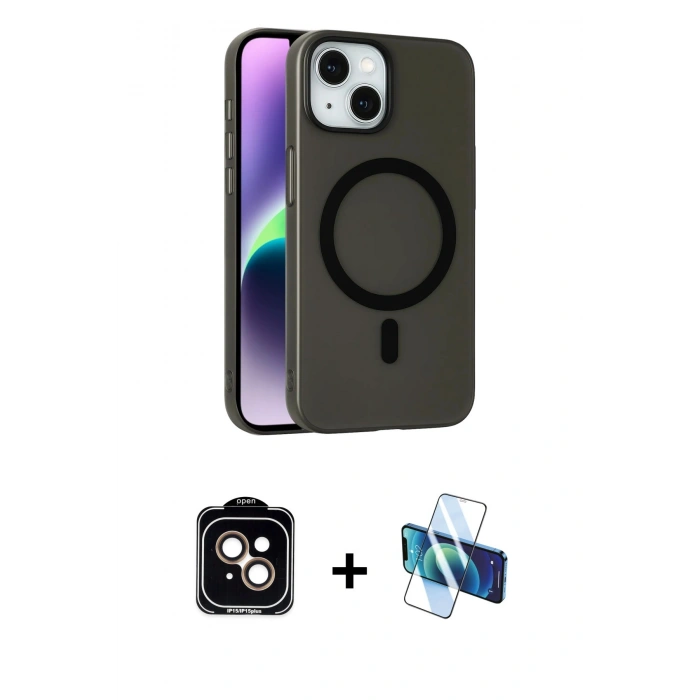 MARSİLYAN™- iPhone 14 Kılıf Çekirdek Modern Prime - Siyah 3D Antistatik Cam Ekran Koruyucu + PVD Metal Kamera Lens - TU