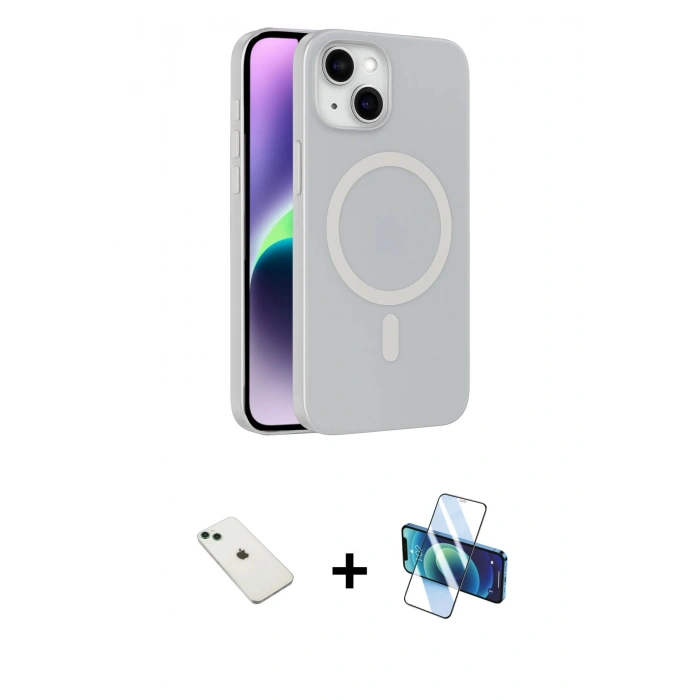 MARSİLYAN™- iPhone 14 Kılıf Çekirdek Modern Prime - Siyah 3D Antistatik Cam Ekran Koruyucu + Diamond Kamera Lens - YL