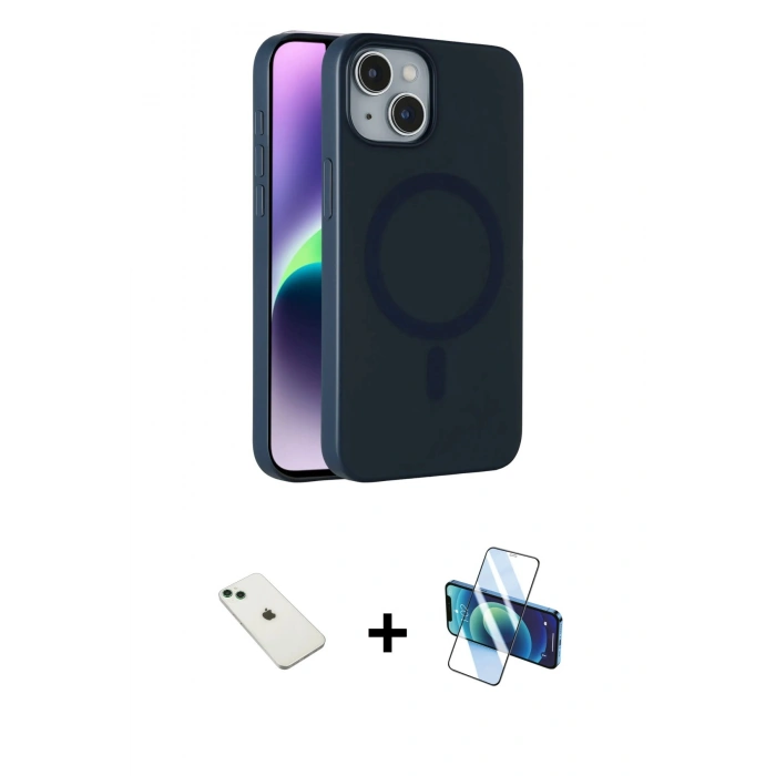 MARSİLYAN™- iPhone 14 Kılıf Çekirdek Modern Prime - Siyah 3D Antistatik Cam Ekran Koruyucu + Diamond Kamera Lens - YL