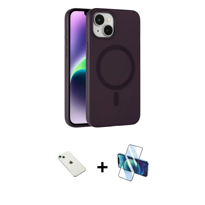 MARSİLYAN™- iPhone 14 Kılıf Çekirdek Modern Prime - Siyah 3D Antistatik Cam Ekran Koruyucu + Diamond Kamera Lens - YL