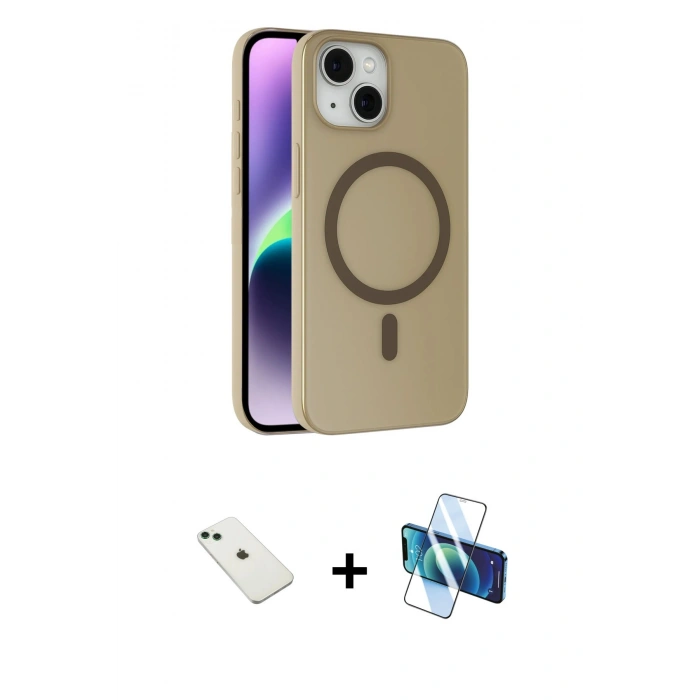 MARSİLYAN™- iPhone 14 Kılıf Çekirdek Modern Prime - Siyah 3D Antistatik Cam Ekran Koruyucu + Diamond Kamera Lens - YL