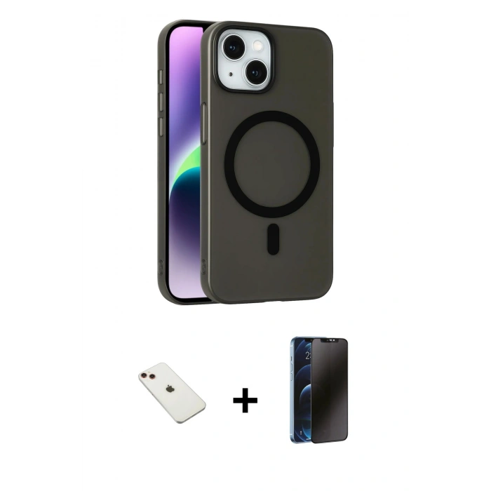 MARSİLYAN™- iPhone 14 Kılıf Çekirdek Modern Prime - Siyah 3D Antistatik Hayalet Cam Ekran Koruyucu + Diamond Kamera Lens - KI
