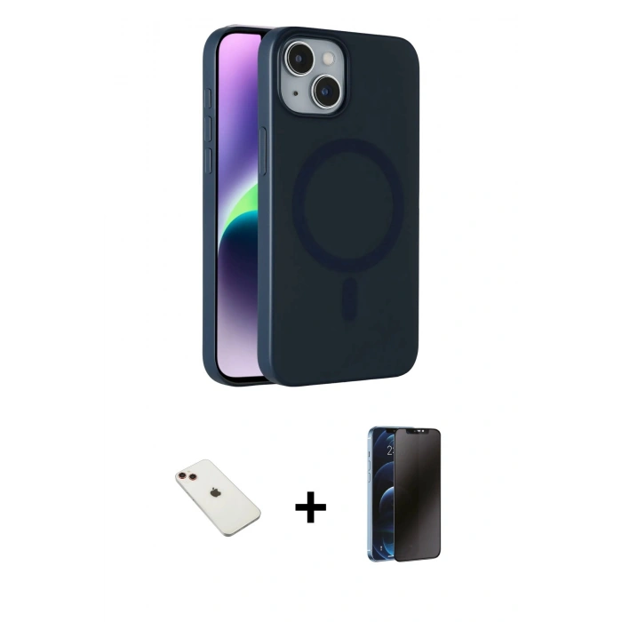 MARSİLYAN™- iPhone 14 Kılıf Çekirdek Modern Prime - Siyah 3D Antistatik Hayalet Cam Ekran Koruyucu + Diamond Kamera Lens - KI
