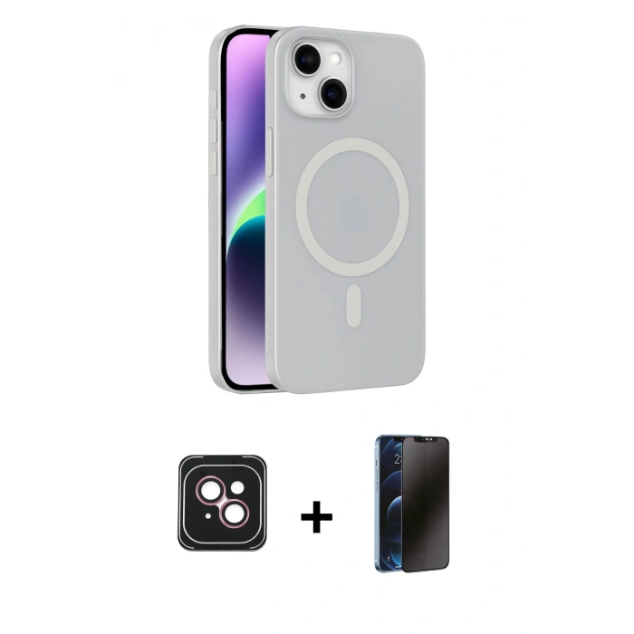 MARSİLYAN™- iPhone 14 Kılıf Çekirdek Modern Prime - Siyah 3D Antistatik Hayalet Cam Ekran Koruyucu + PVD Metal Kamera Lens - PE
