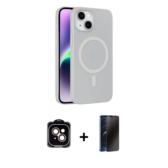MARSİLYAN™- iPhone 14 Kılıf Çekirdek Modern Prime - Siyah 3D Antistatik Hayalet Cam Ekran Koruyucu + PVD Metal Kamera Lens - TU