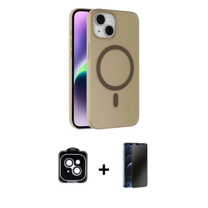 MARSİLYAN™- iPhone 14 Kılıf Çekirdek Modern Prime - Siyah 3D Antistatik Hayalet Cam Ekran Koruyucu + PVD Metal Kamera Lens - MI