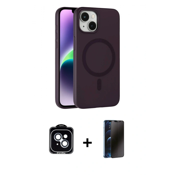 MARSİLYAN™- iPhone 14 Kılıf Çekirdek Modern Prime - Siyah 3D Antistatik Hayalet Cam Ekran Koruyucu + PVD Metal Kamera Lens - MI