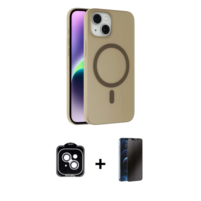 MARSİLYAN™- iPhone 14 Kılıf Çekirdek Modern Prime - Siyah 3D Antistatik Hayalet Cam Ekran Koruyucu + PVD Metal Kamera Lens - GS